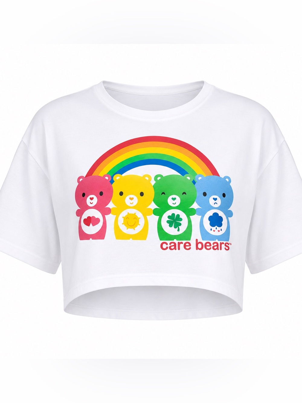 Care Bears White Tee with Red, Yellow, Orange and Pink Rainbow Graphic